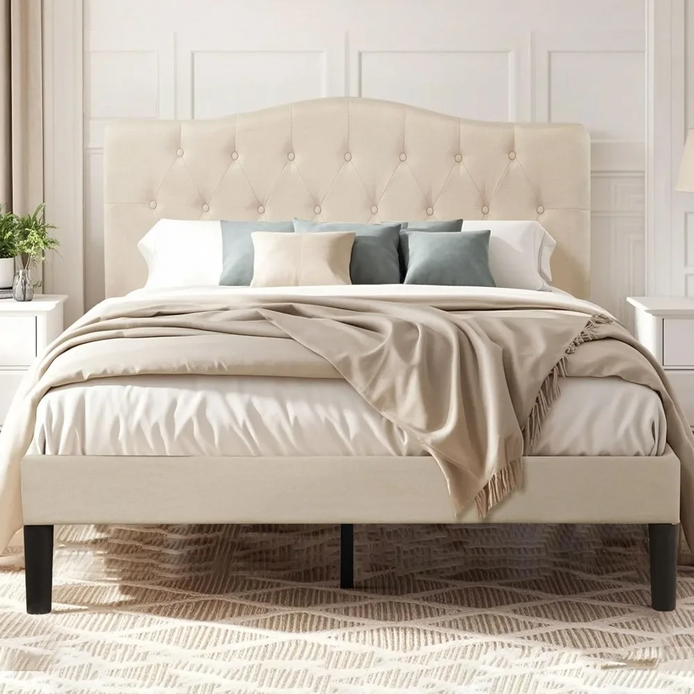 

Full sized platform bed frame with fabric cushioned headboard and wooden support, no need for box springs/easy to assemble