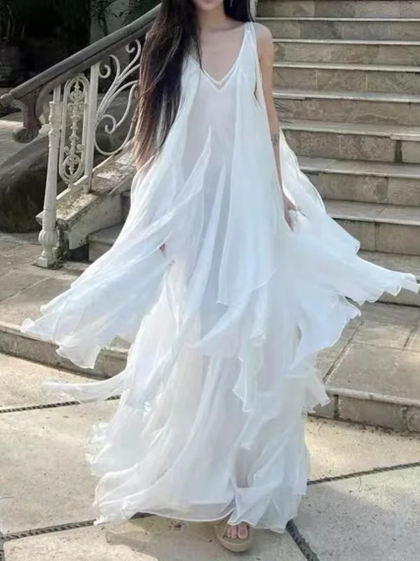 Heavy Work Layered Hemline Beach Photo Perfect Dress Elegant Morning Robe Daily Birthday Gown Asymmetrical Skirt