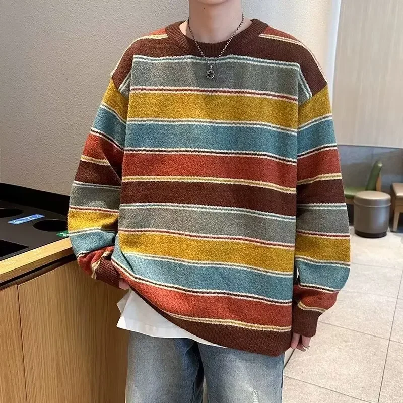 Vintage Striped Hong Kong Style Men's Sweater Loose Fit Casual Round Neck Knitted Top Trendy Brand Pullover Base Layer Clothes