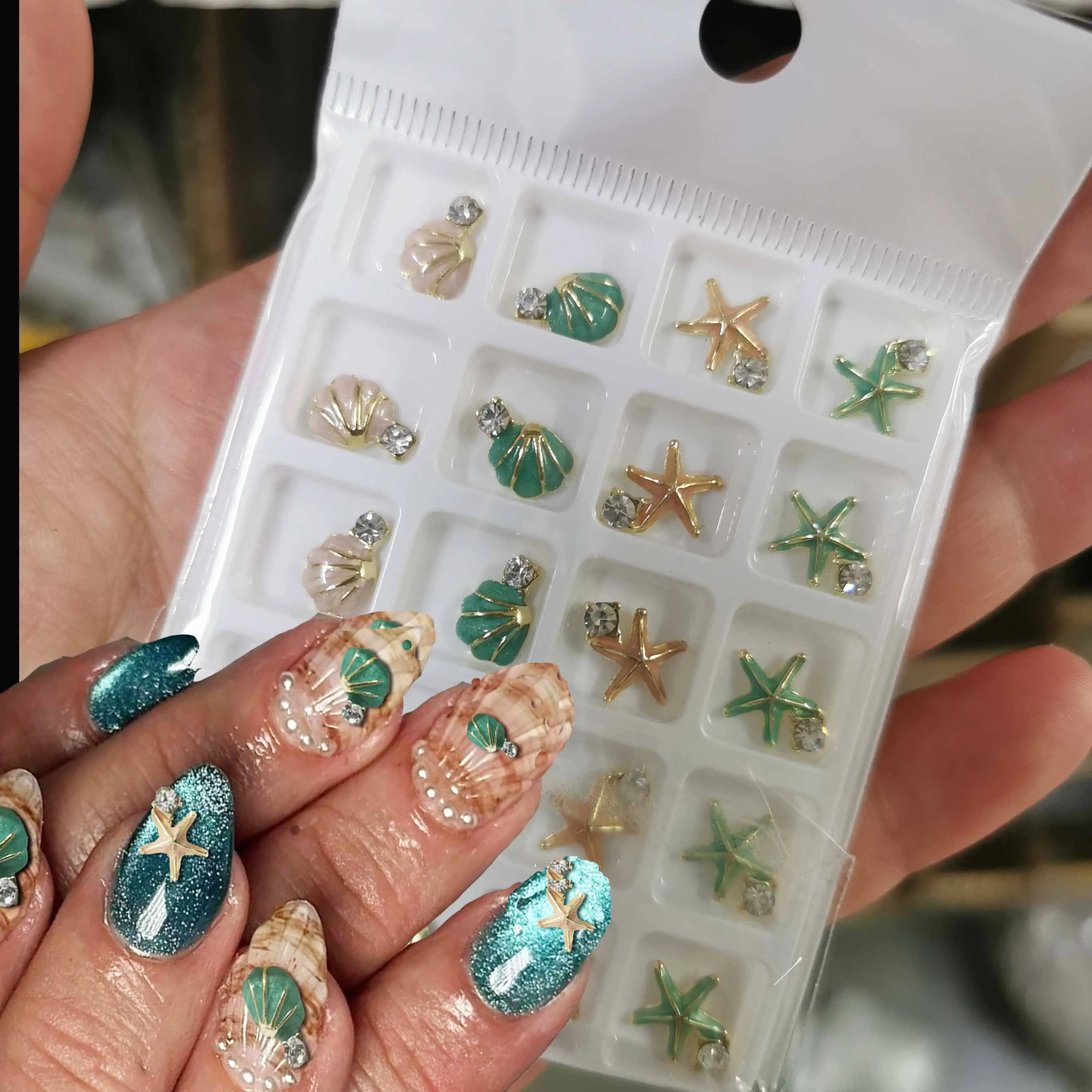 

20PCS/BOX 5D 10x10mm Sea Shell Starfish Nail Charms Summer Ocean Theme Alloy Nail Parts With Rhinestone Holiday Manicure Charms