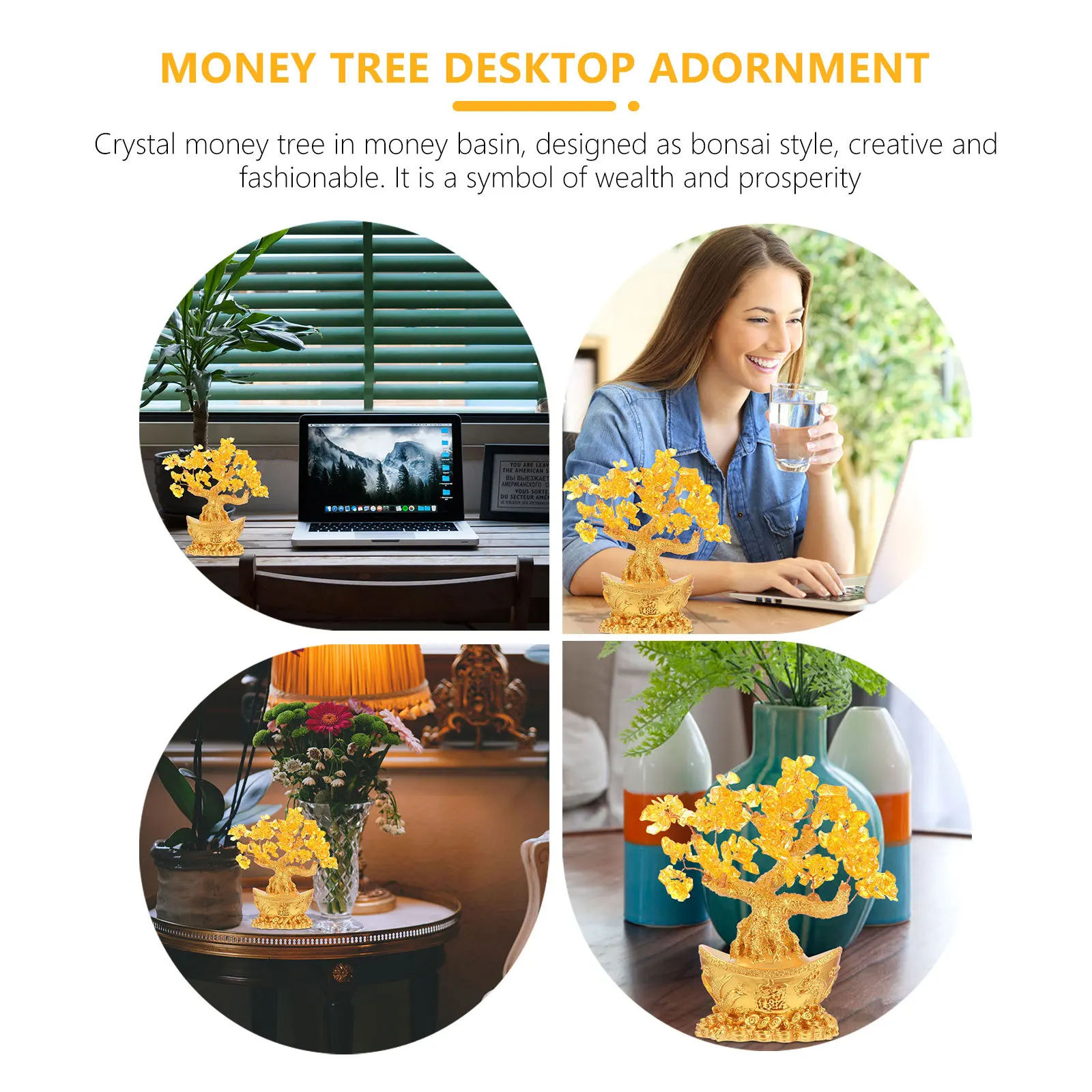 

1Pcs Desktop Feng Shui Ornament Creative Money Tree in Basin Design Luxury Resin Crystal Decor for Home Office Interior