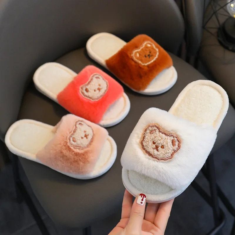 Girl's Cartoon Slippers Furry Open Toe Solid Color Home Outdoor Children Sliders Winter Fashion Anti-slip All-match Kids Shoes