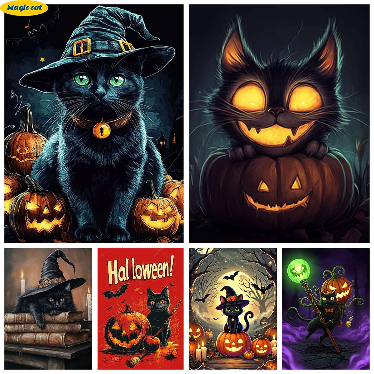 

Halloween Theme Witch's Black Cat DIY Diamond Painting Kit Hand Diamond Embroidery Living Room Room Wall Decor Creative Gift