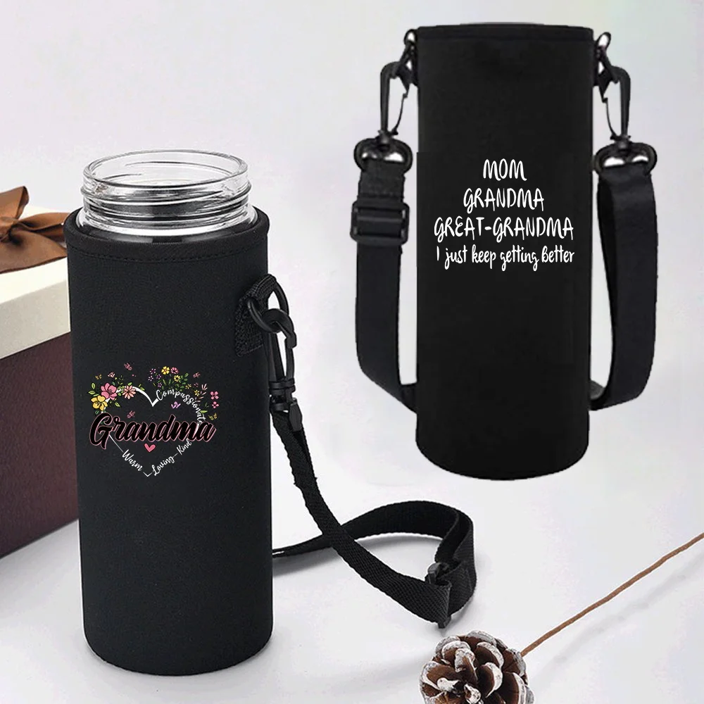 550-1500ML Insulated Water Bottle Sleeve Adjustable Strap Grandma Print Portable Outdoor Water Bottle Carrier for Hiking,Travel