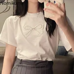 Bow White Tshirts Women Clothing O-neck Short Sleeve Summer Tees Crop Tops 2024 Ropa Mujer Casual Fashion Korean Sweet T Shirts