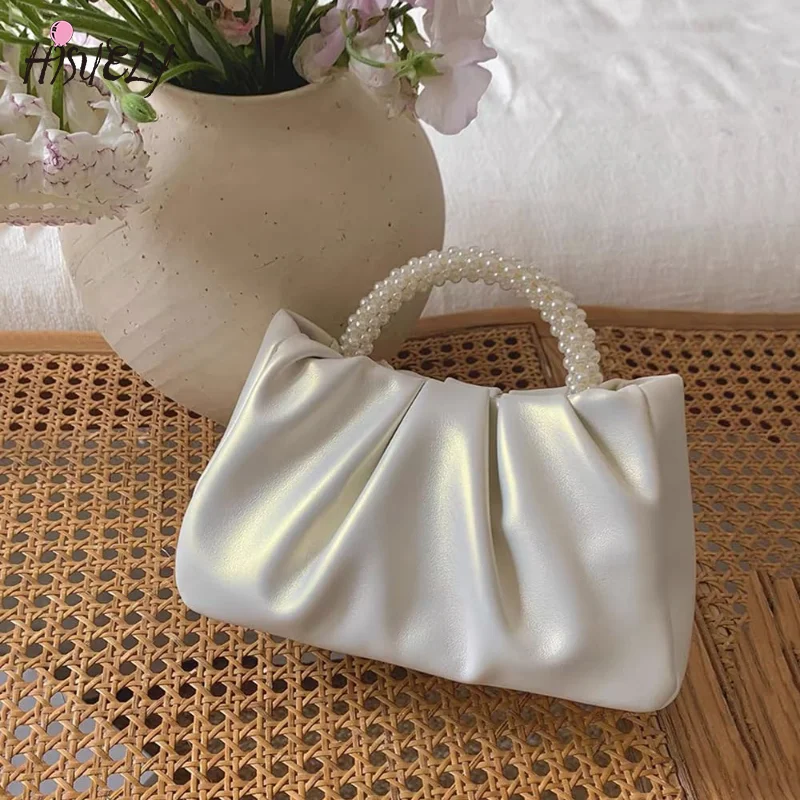 

Pearl Handle Evening Purse Women Small Handbags Soft Leather Ruched Bag Wedding Bridal Dinner Clutch Party Prom Crossbody Purses