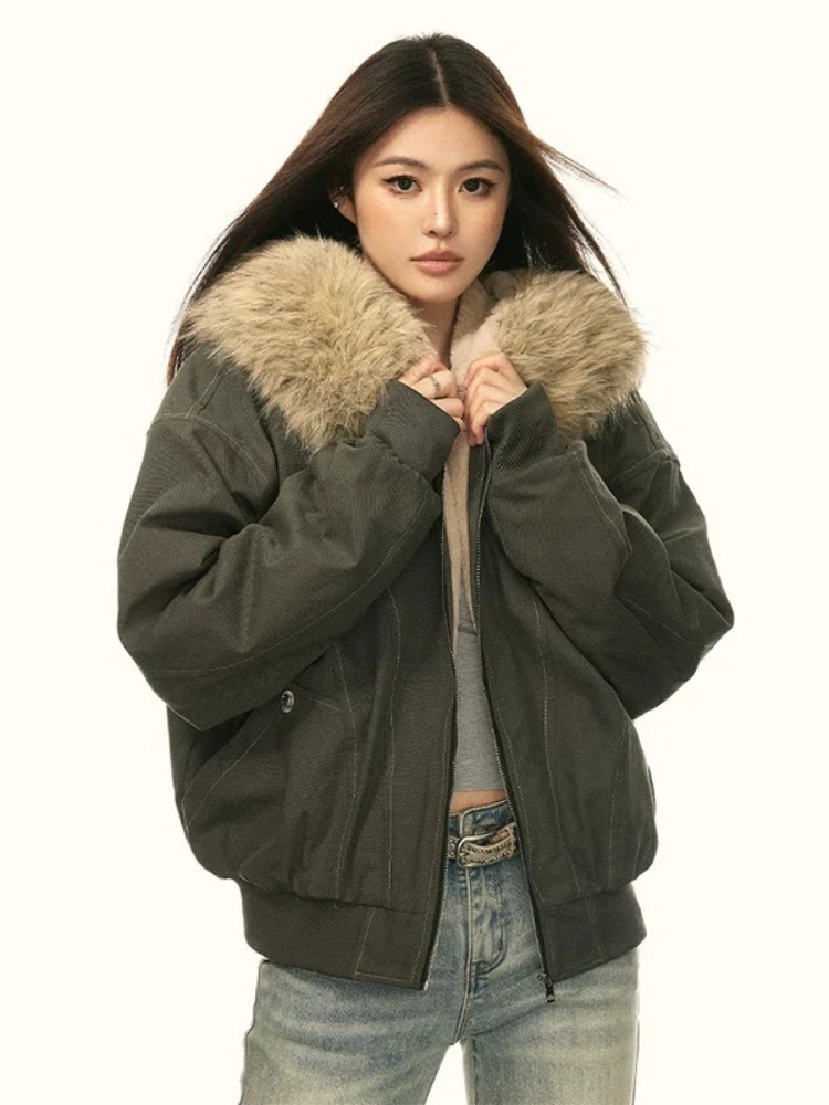 

Y2k винтажная короткая куртка с капюшоном из искусственного меха с длинным рукавом, женское повседневное уличное пальто, однотонное пальто в американском стиле ретро на молнии, осень 2023 г.