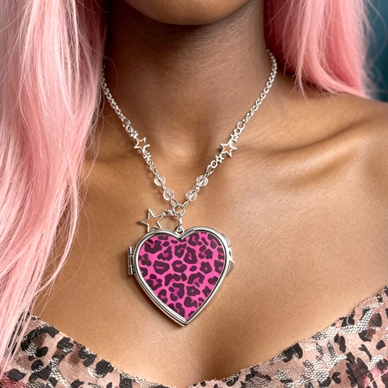 Y2K Schmuck Rosa Leopardenmuster Herz-Spiegel-Anhänger Halskette für Frauen Mode Punk Zebra-Muster Halskette Accessoires Goth Charm – Detail 5