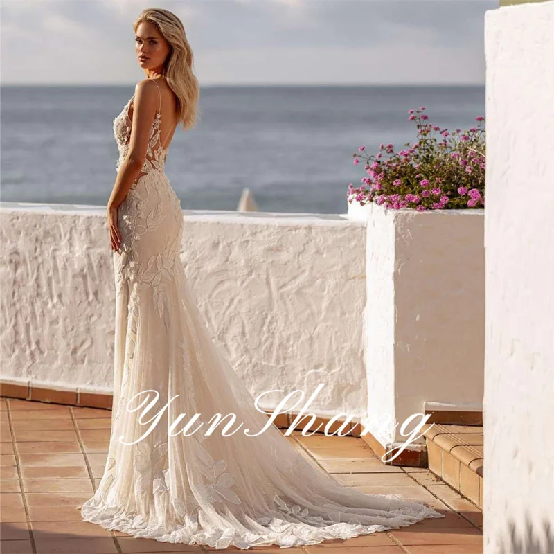 Yunshang-Vestidos de casamento de luxo feminino, costas abertas, decote em v, cintas de espaguete, vestido de noiva, Sweep Train