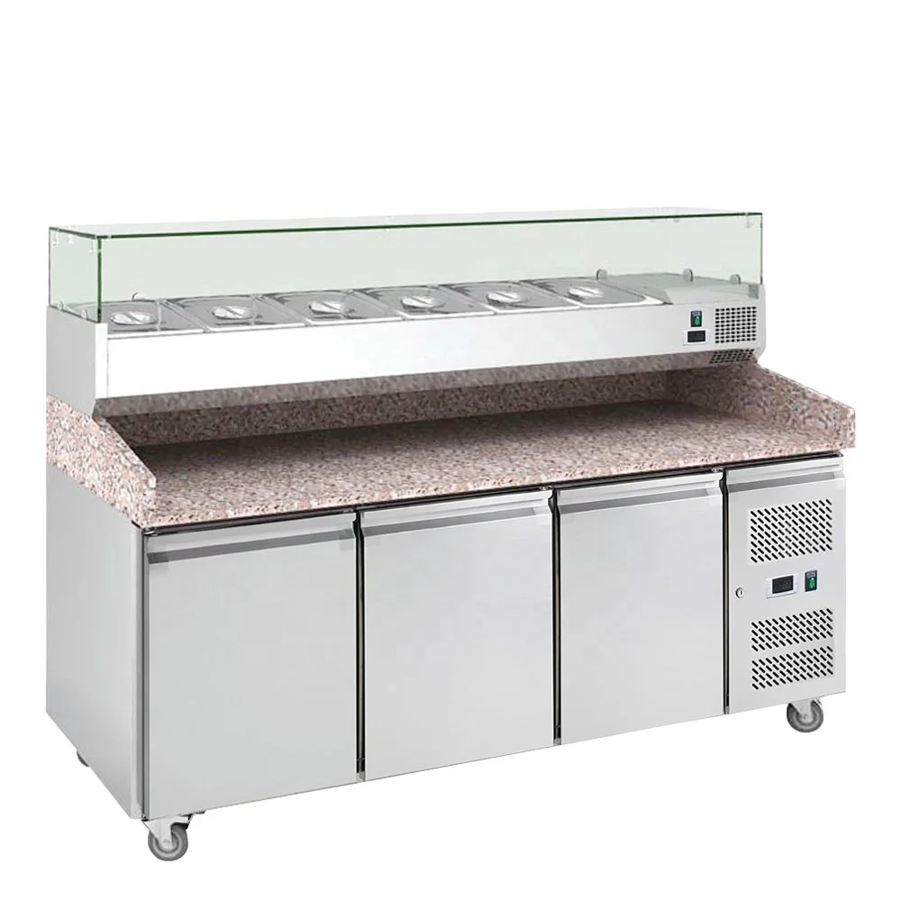 Stainless Steel Commercial Refrigerator Prep Table Display Food With Three Cabinet