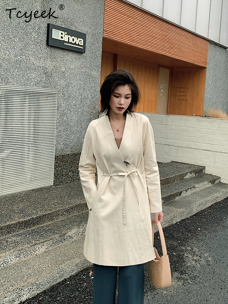 Tcyeek Echtes Schaffell Frühling Herbst Trendige Krawatte mit V-Ausschnitt Beige Mittellange Damen-Echtlederjacke Ж Ettyddydd Mohamed