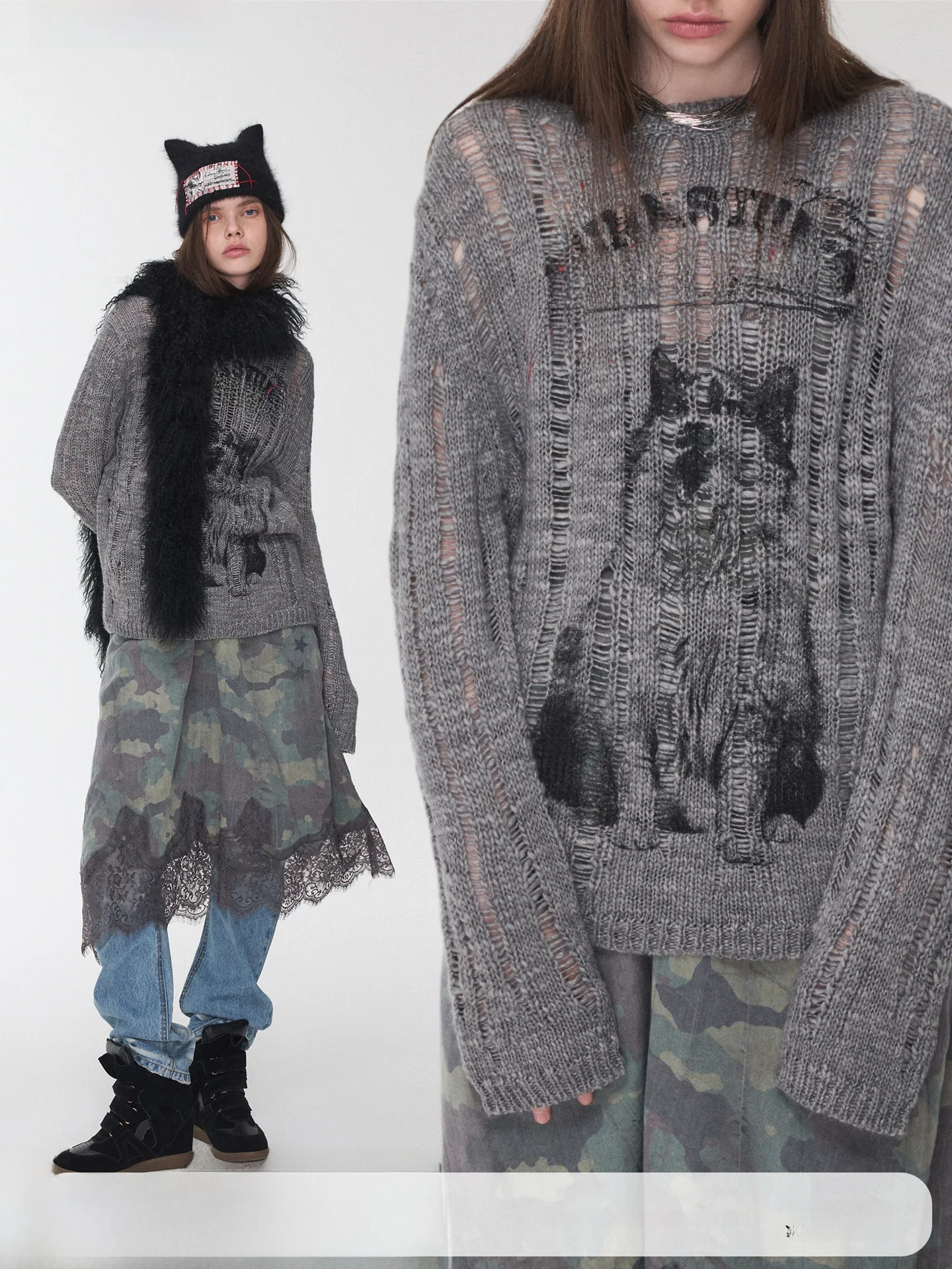 

1JINN STUDIO Iceland Animal Print Hollow out Knitted Sweater Women's Lazy Style Soft Acrylic Fiber Long Sleeve Crew Neck