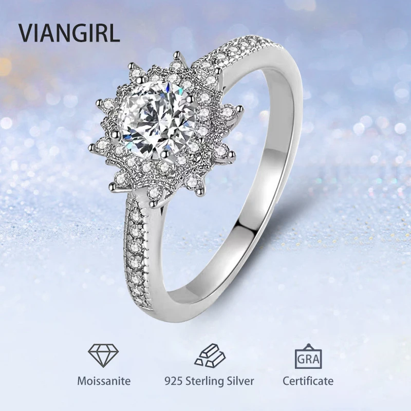 

Trendy 0.5CT D Color Moissanite Ring with Certificate 925 Sterling Sliver Sunflower Luxury Diamond Rings for Women Wedding Band