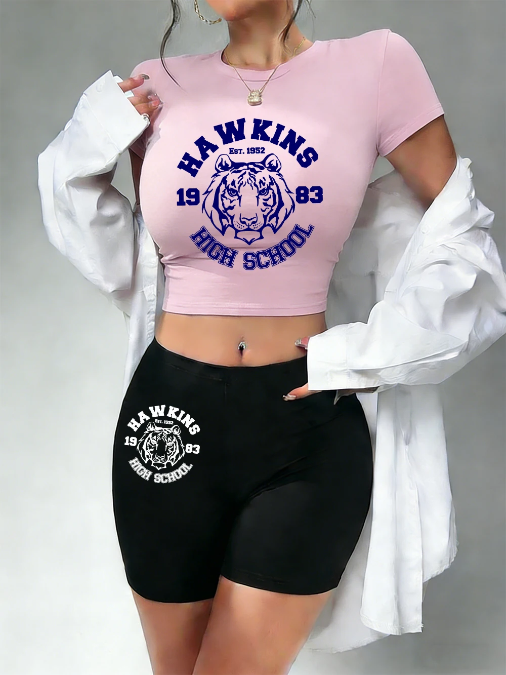 

Casual Hawkins High School 1983 Printing Crop Tops & Shorts Womans Two Pieces Set T-Shirts Soft Slim O-Neck High Elastic Clothes