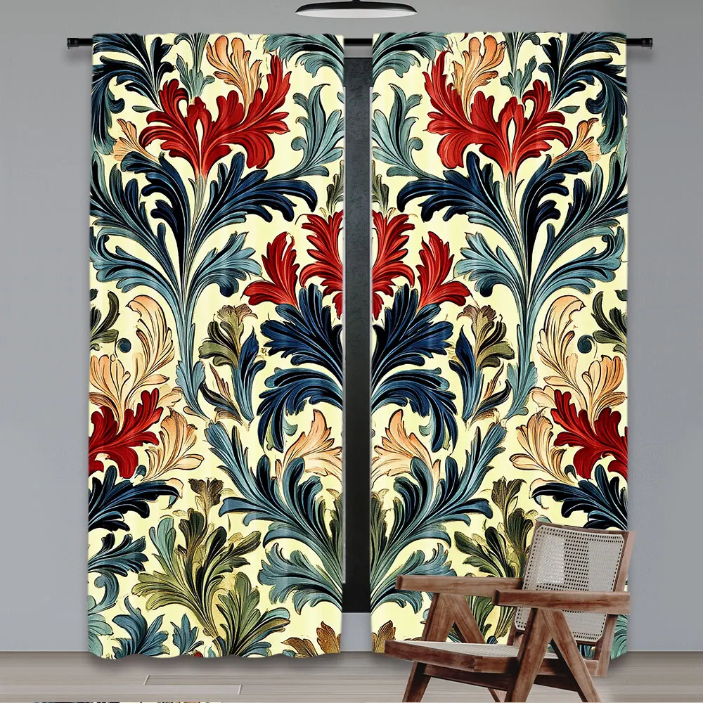 2Pcs Boho Style Red Flower Retro Curtain Original Design Abstract Flower Shading Curtain Suitable For Kitchen Bedroom Living