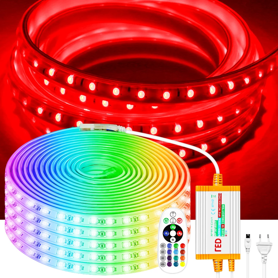 1m-100m 220V RGB LED Strip Light 5050 IP67 Waterproof Flexible Tape 4Pin 1500W IR Remote Control Dimmable for Garden Lighting