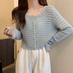 New Hollowed Out Knitted Cardigan for Women with Long Sleeves Paired with Sun Protection Mesh and Woven Small Cover Short Top