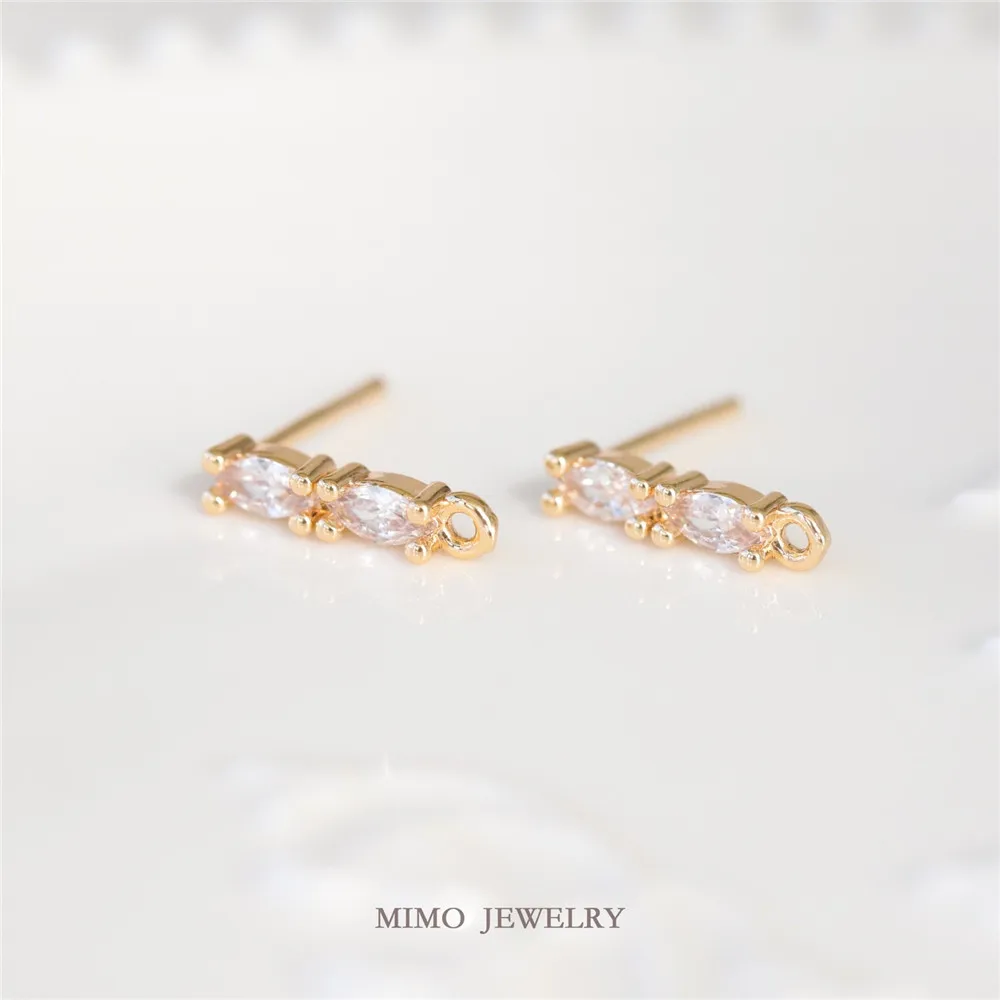 Copper Plated Gold Double Horse's Eye Zirconium Strip One Word 925 Silver Needle Stud Earrings DIY Earrings Charm Accessories