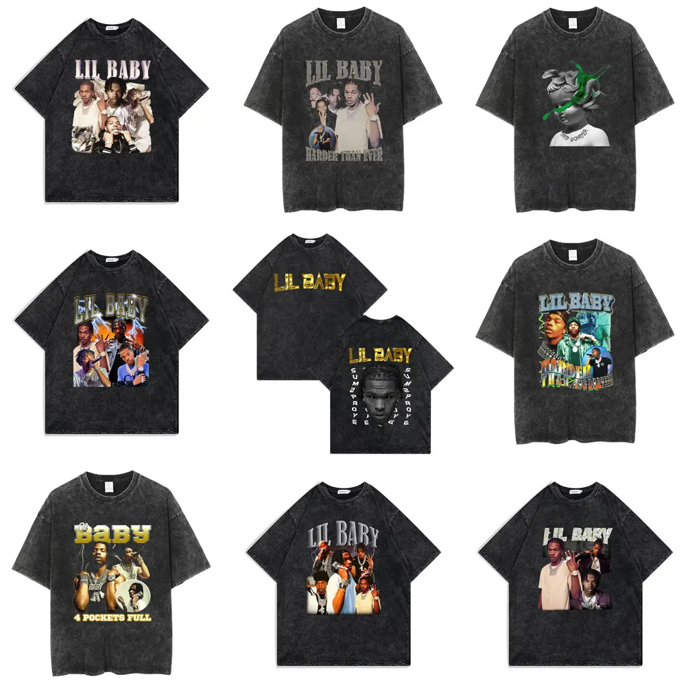 Hip Hop Rapper Wash Vintage Black Lil Baby T Shirt Men's Fashion Oversized Tee Short Sleeve Regular Male T-shirt Man Streetwear