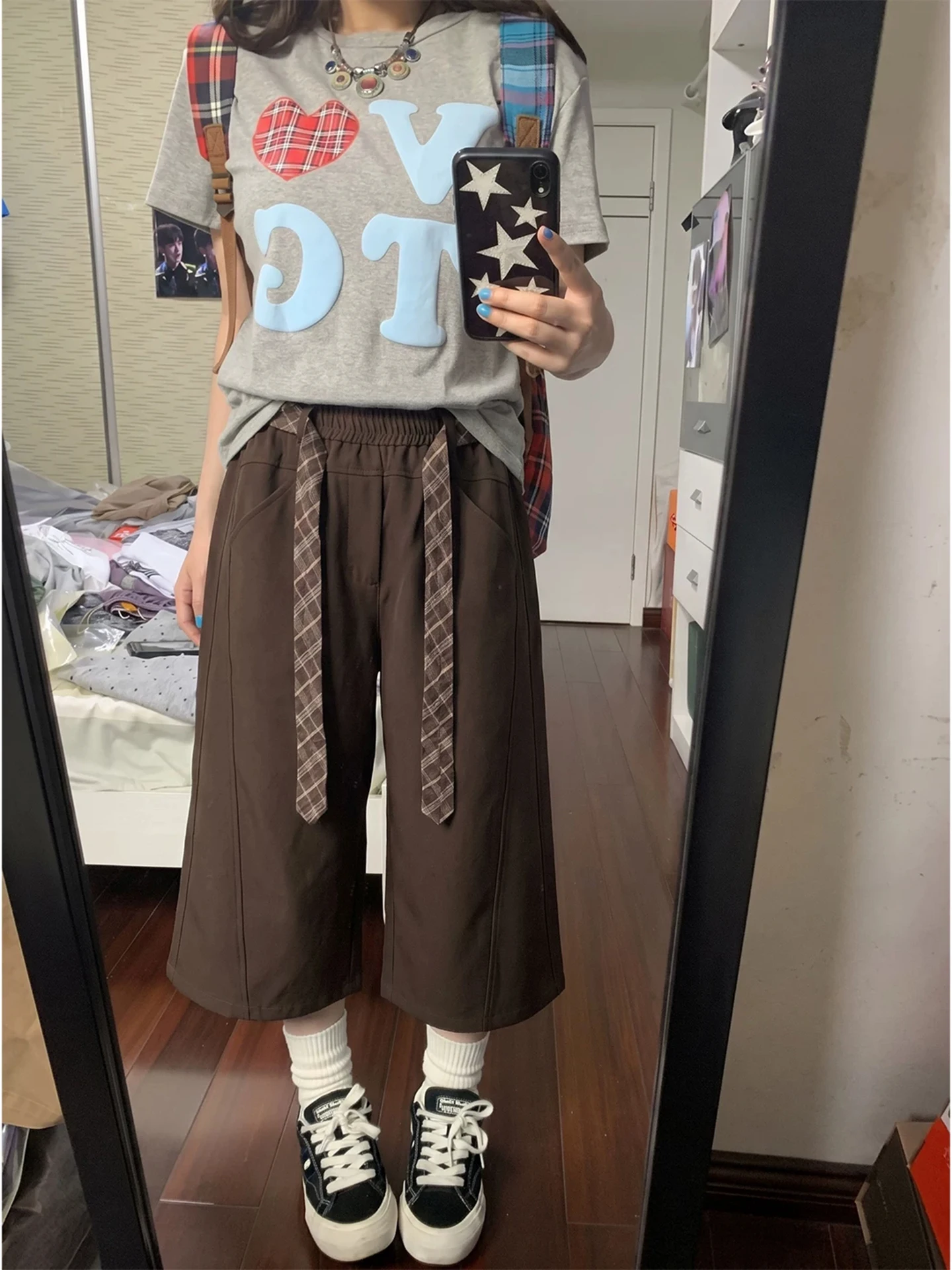 Pantalones casuales marrones de corte diagonal de pierna ancha, estilo siete-quinta, para hombre y mujer, de verano, con diseño de faja a cuadros, pantalones rectos de ocho-quinta.