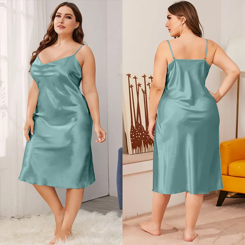 Sexy Women Plus Size Spaghetti Strap Nightgown Summer Satin Solid Home Wear Loose Intimate Lingerie Nightwear Chemise Nightdress