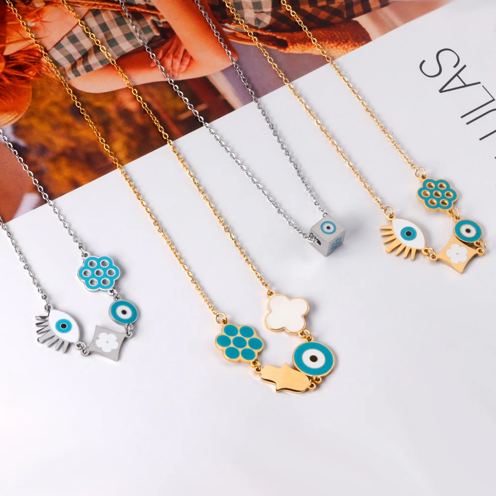 Simple Blue Turkish Evil Eye Lucky Flower Charm Necklace For Women Thin Stainless Steel Female Chain Choker BFF Jewelry Gifts