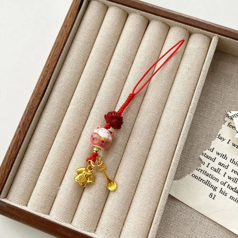 

Cartoon Maneki Neko Key Chain Phone Lanyard Ornament Lucky Cat Phone Charm Bag Decoration Ceramic Lucky Cat Mobile Phone Pendant