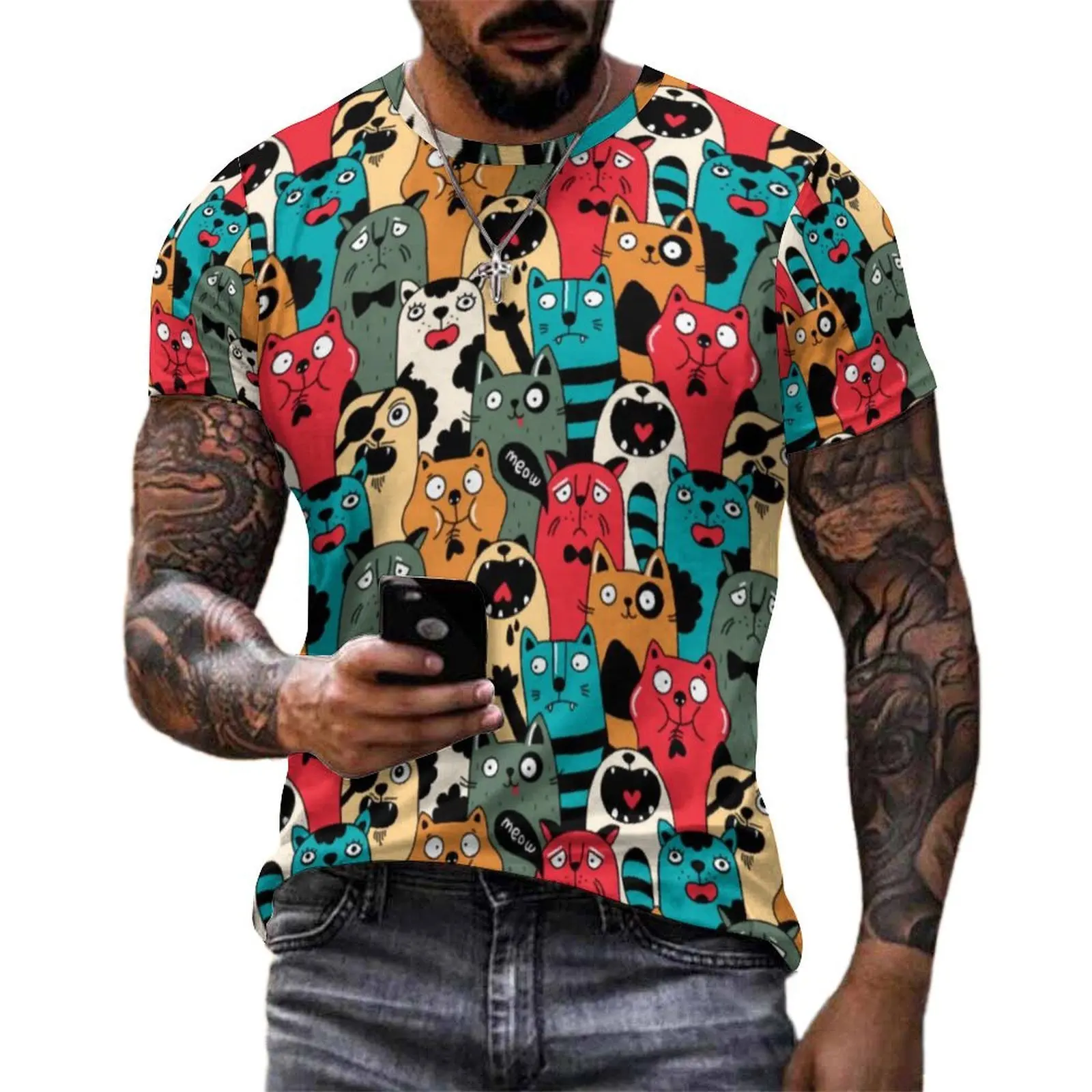 The Crowd of Cats T-Shirt Funny Animal Print Hippie T Shirts Men Funny Tee Shirt Summer Short Sleeve Graphic Top Tees Large Size