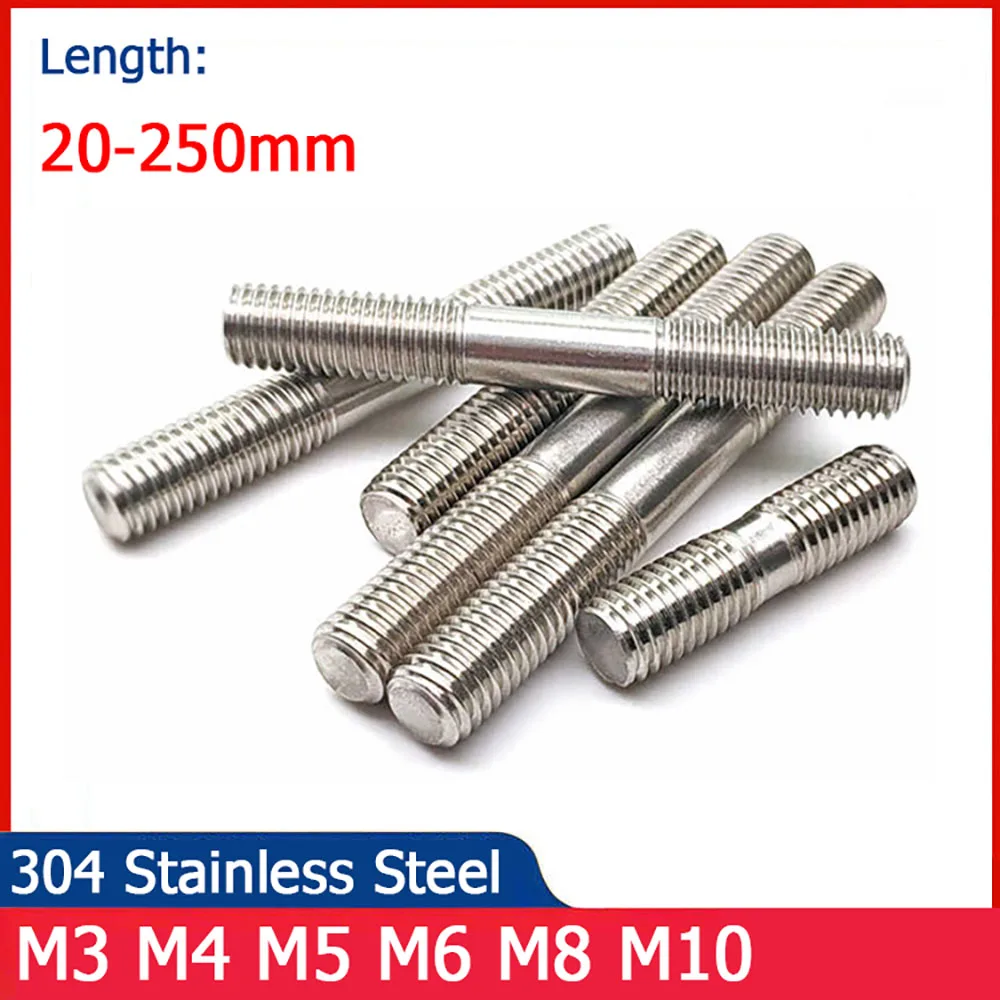 

10Pcs 304 Stainless Steel M3 M4 M5 M6 M8 M10 Double End Thread Rod Stud Bolts Rod Tooth Stick Dual Head Threaded Bar L= 20-250mm