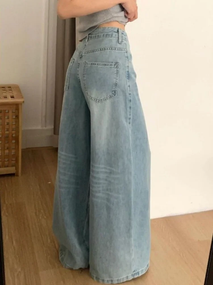 하이웨이스트 와이드 레그 아메리칸 슬레 데님 청바지 여성용 가을 루즈 슬리밍 드레이프 스트레이트 컷 팬츠 캐주얼 웨어