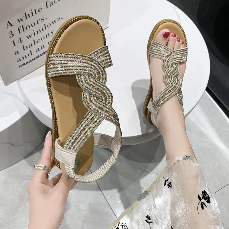 2022 Summer Rhinestone Sandals Fashion Women's Flat Shoes Casual Platform Sandals Crystal Bling Wedges Open Toe Beach Slides