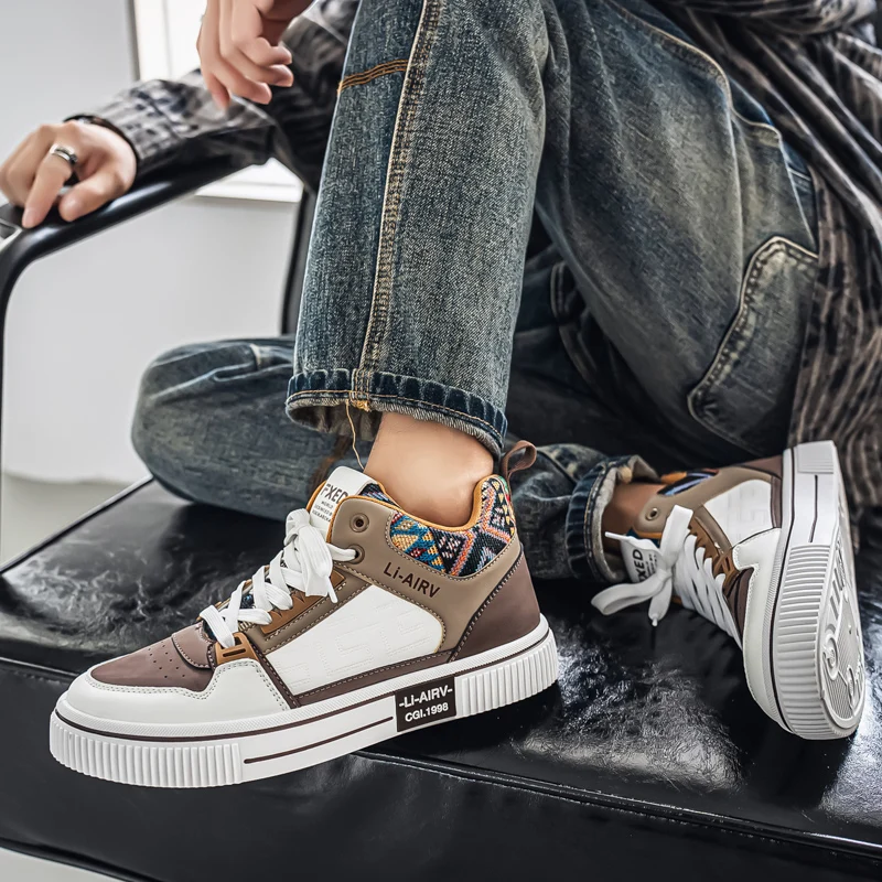 Fashion High Top Men Board Shoes Leather Lightweight Men Casual Shoes Platform Walking Sneaker Breathable Anti Slip Tennis Shoes