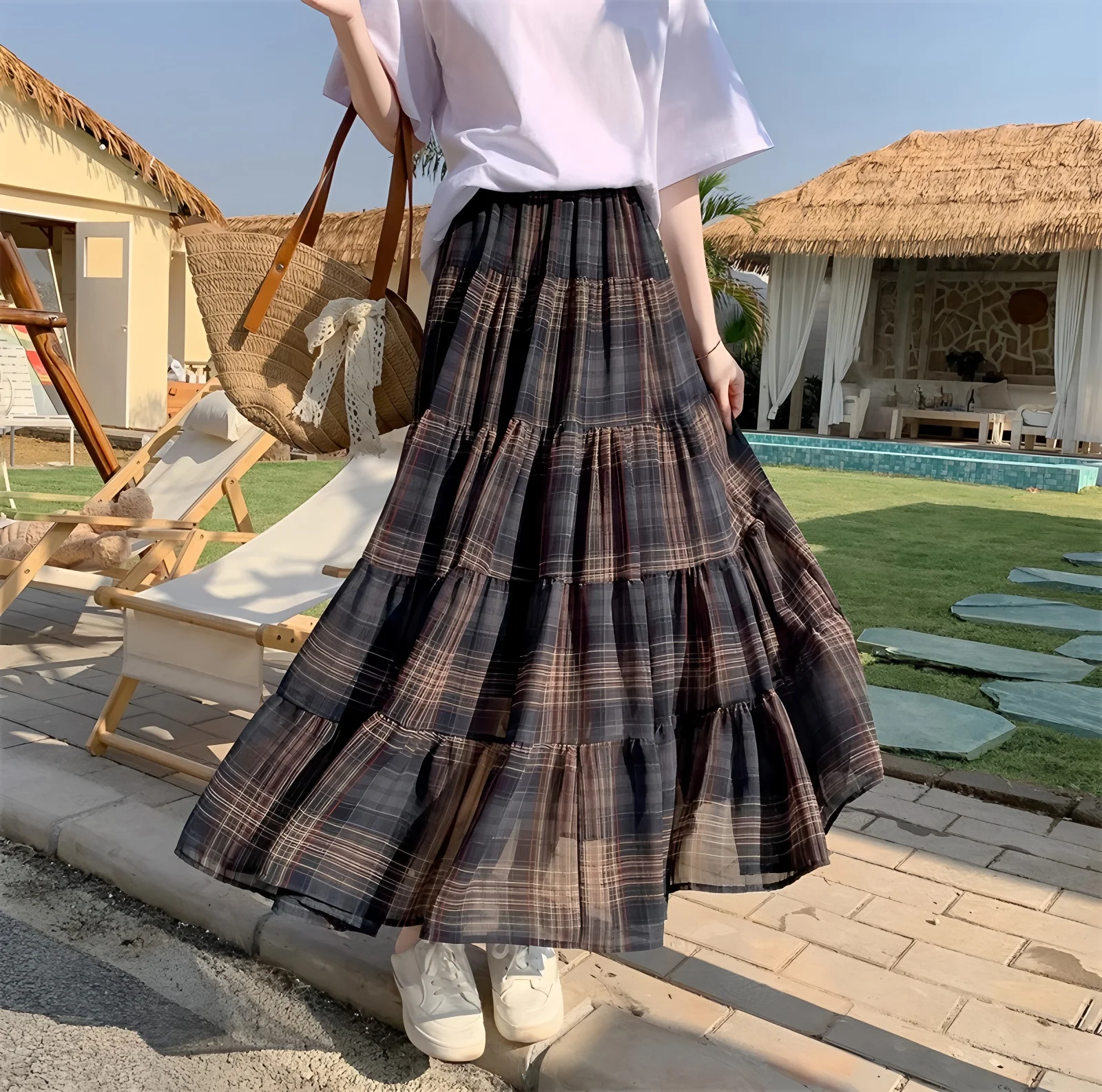 Dames retro geruite rok met hoge taille Geruite chiffon rok Elegante lange rok Nieuwe A-lijn Grote Swing Cake Losse avondjurk