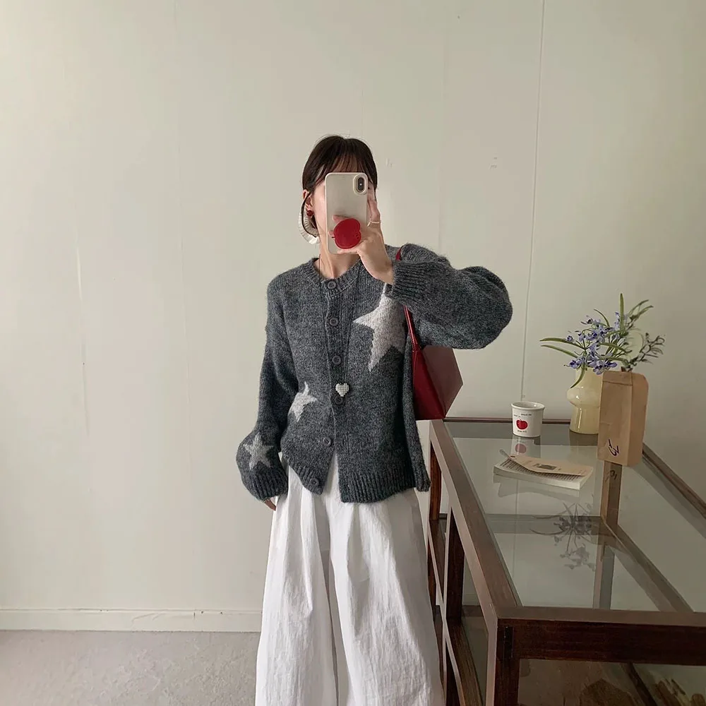 Star Pattern Women Cardigan Single Breasted Knit Top Minimalist Sweater Coat Casual Style Daily Loose Outwear For Ladies