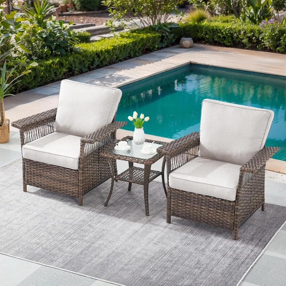 طقم أثاث الفناء مع كرسيين للتراس من الروطان ومجموعة طاولة بحافة من الروطان PE، شرفة وسادة من الروطان البني والبيج