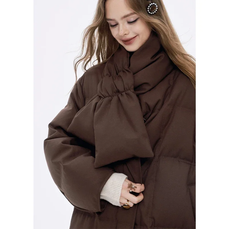 ELFSACK Preppy Minimalist Casual Knit Scarf Solid Long Down Jacket For Women