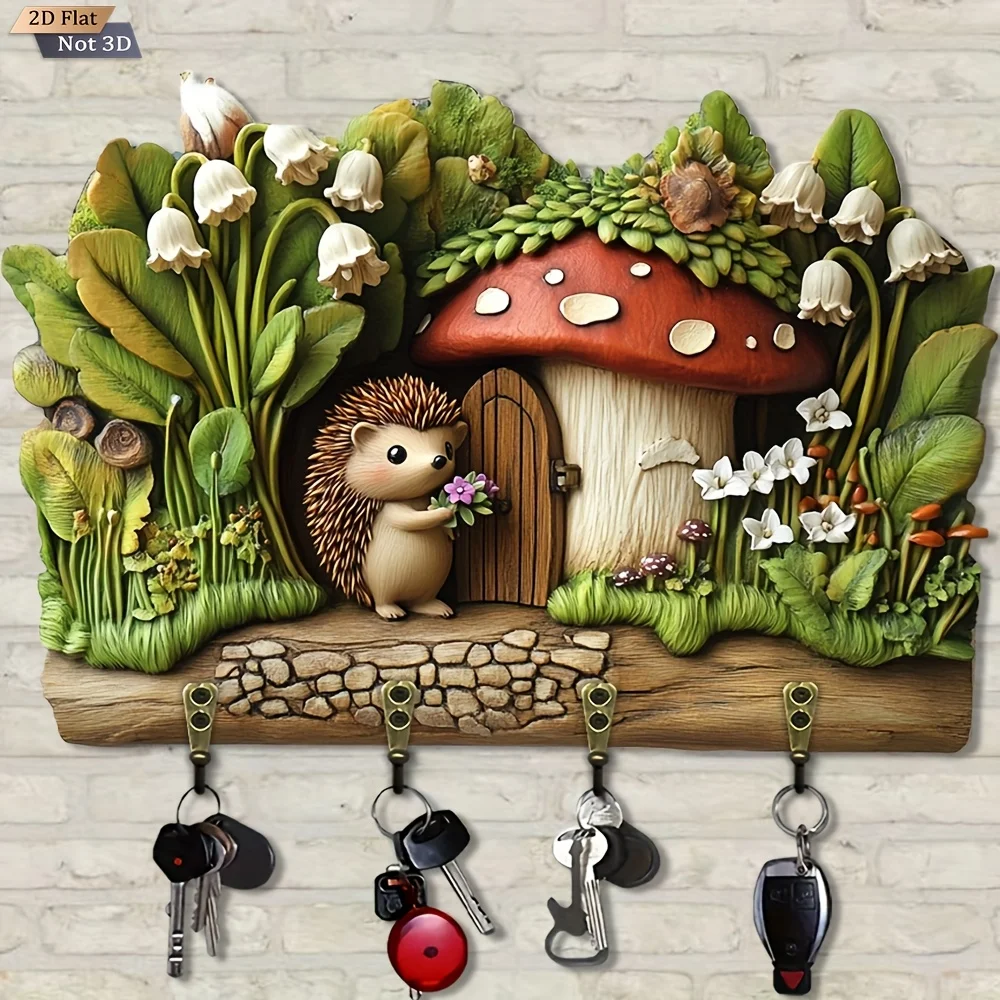 1pc Forest Hedgehog Mushroom House Wooden Multi-Functional Key Holder, 11.8