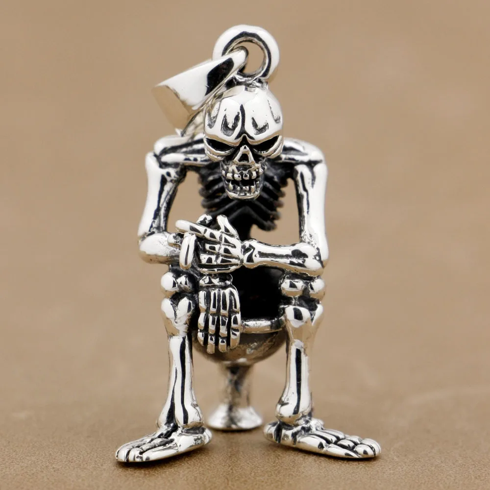 

Smoking Skull On Closestool 925 Sterling Silver Pendant 8P024 BZ