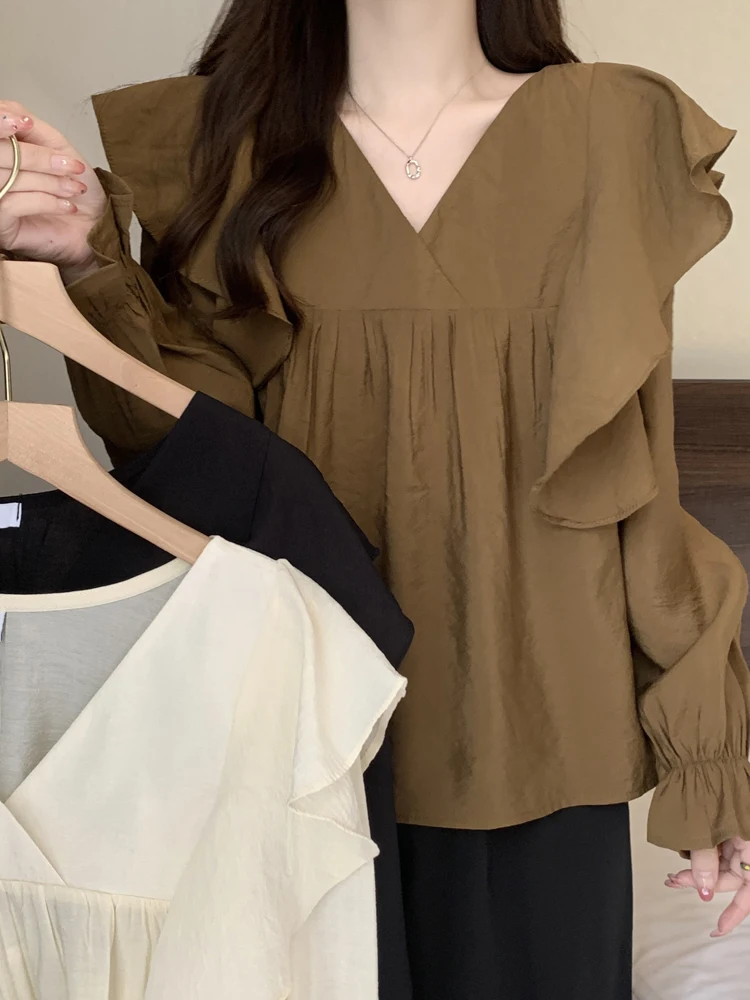 Stylish Flare Sleeve Spliced Ruffles Blouse Female Clothing 2023 Autumn New Oversized Casual Pullovers All - match Sweet Shirt