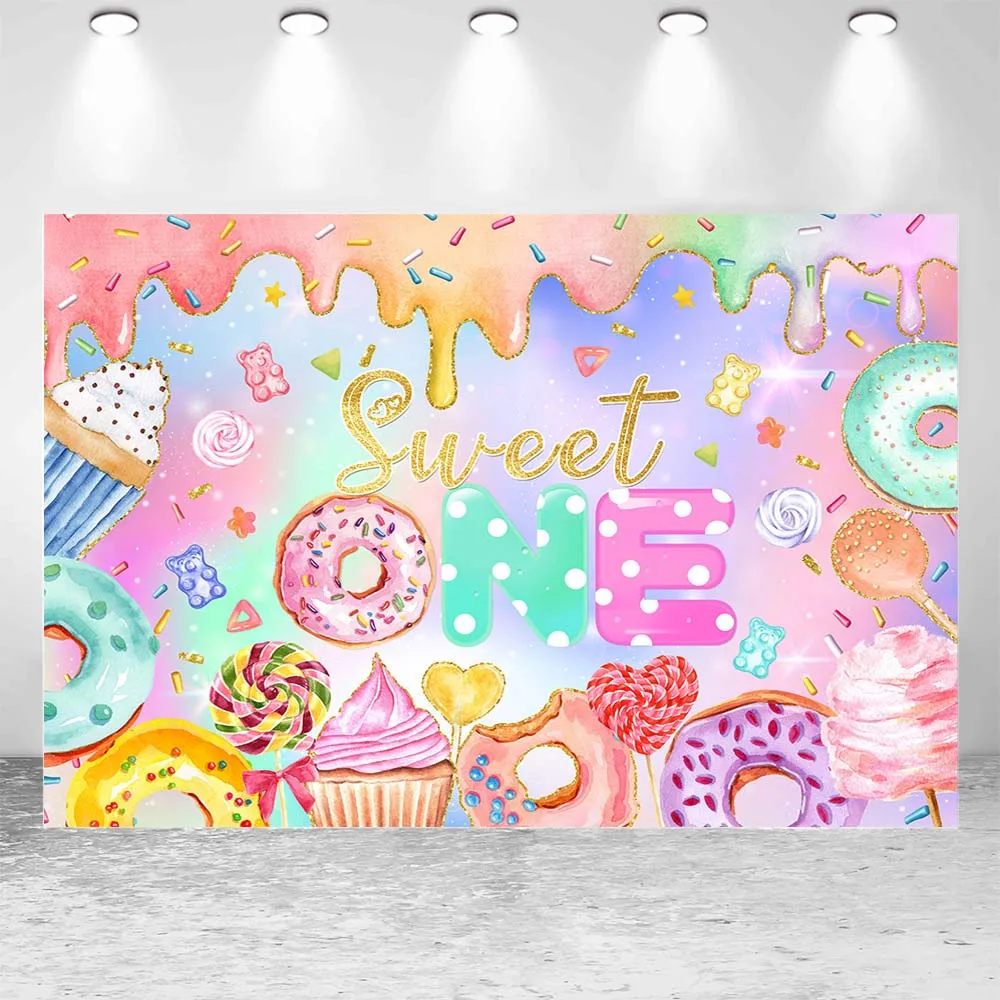 Mocsicka Donut Ice Cream Candy Birthday Backdrop Girl 1st Sweet One Birthday Party Decor Photo Background Photocall Props Banner