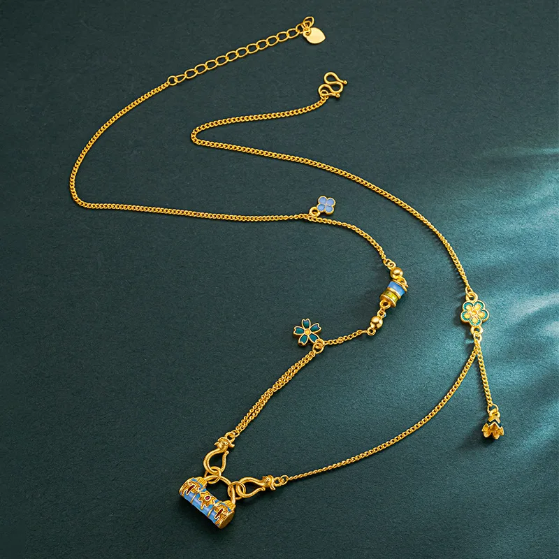 9999 24K  real gold store same style women's necklace gold safety lock chain beautiful high-end jewelry