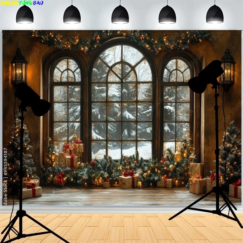 Christmas Day Wreach Snowflake Photography Backdrops Front Door Winter New Year Cottage Living Room Decoration Background DD-07