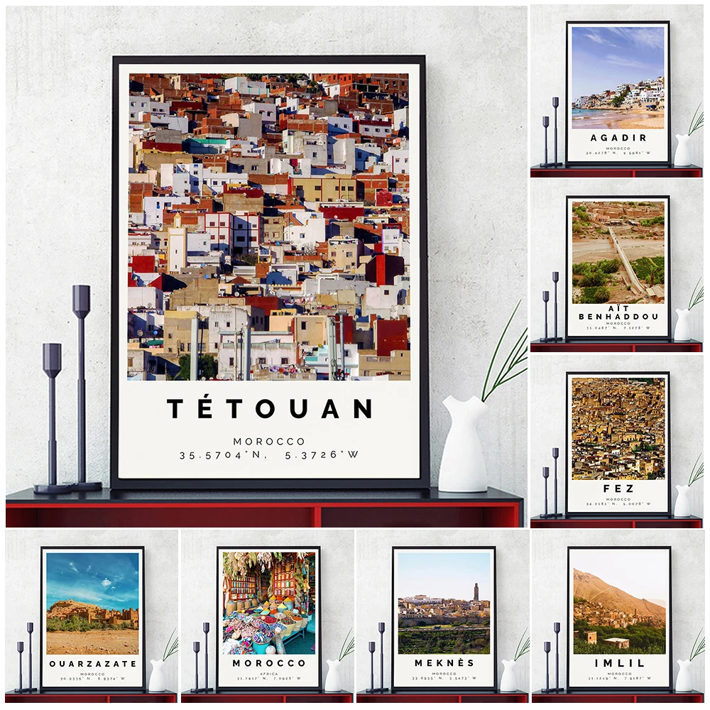 

Morocco Travel Photo Wall Art,Agadir,Essaouira,Fez,Imsouane,Morocco Tourist Landscape Architecture Art Poster Print Home Decor