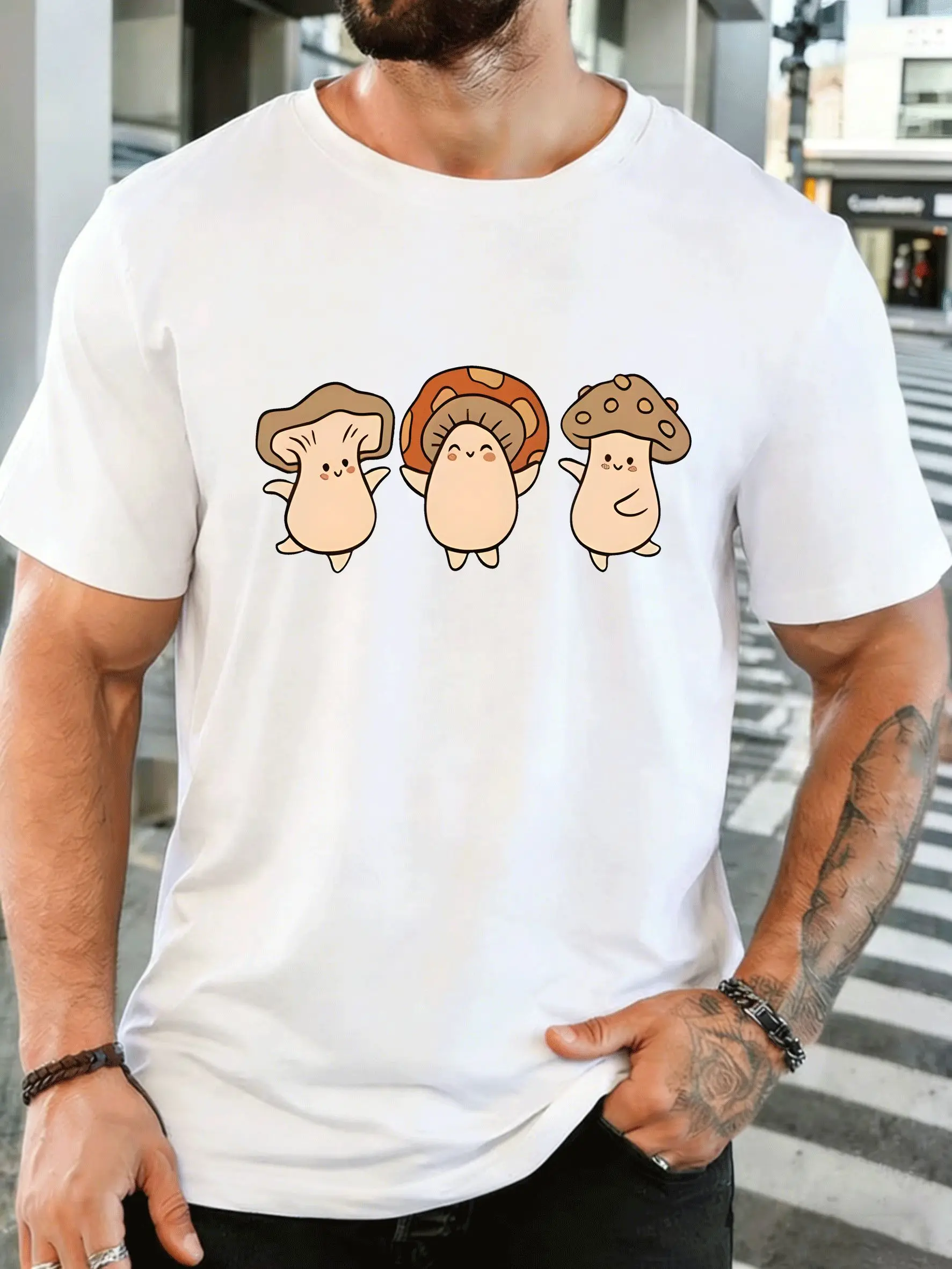 Cute Three Dancing Cartoon Mushrooms Mens Front Print T Shirt Kawaii Fungi Graphic Tee Casual Short Sleeve Top Nature Lover Gift