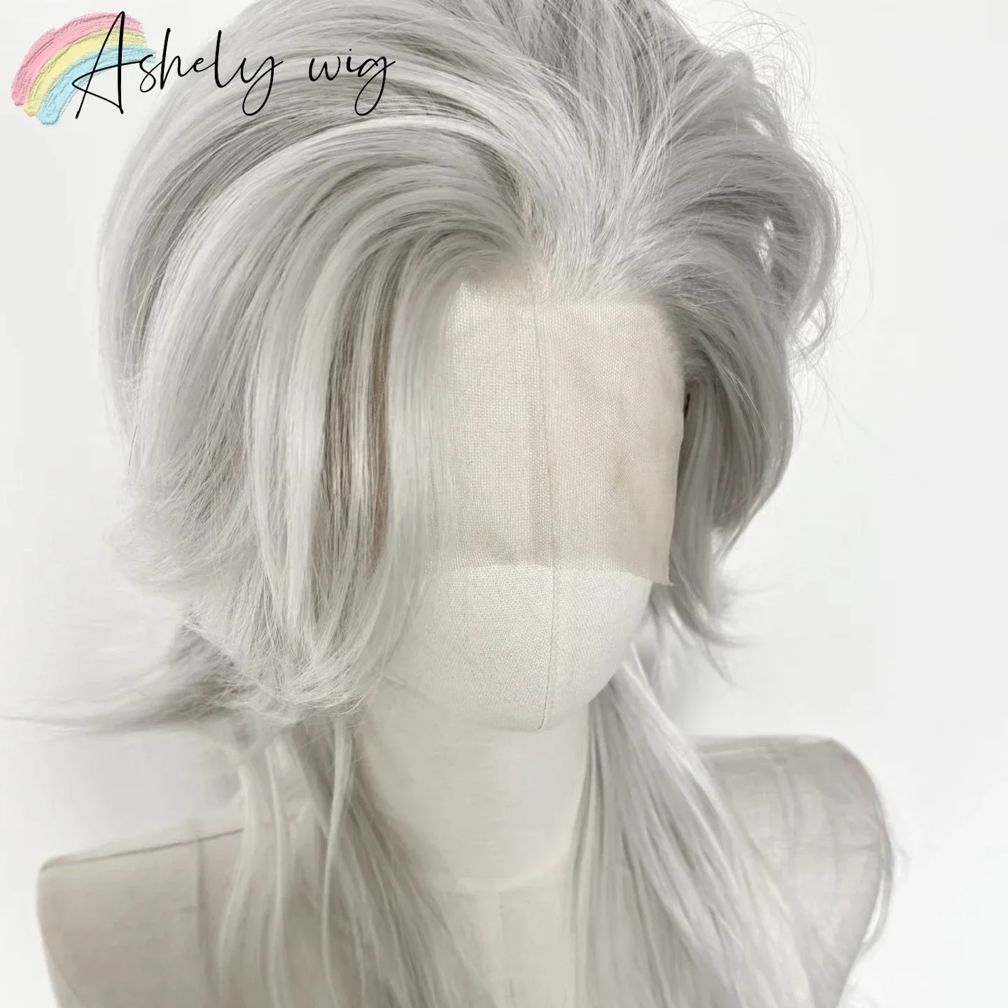 Sliver Wig for Men 14inch Straight Lace Front Wig White Wolf Tail Short Hair High Temperature Fibers Glueless Wigs for Cosplay