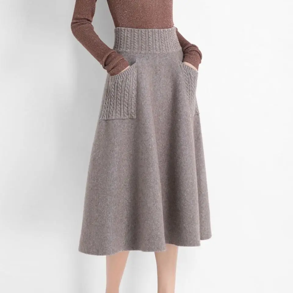 

Autumn Winter Warm Wool Knitting Long Skirts Women High Waist with Pocket Loose Female Solid Knit Mid-Calf Skirt