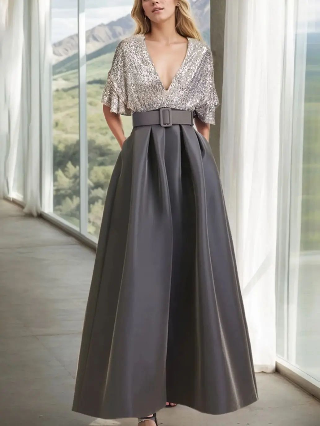 

Elegant A-Line Prom Evening Dress V Neck Sparkle Satin Pleated Half Sleeve Ankle Length Wedding Guest Dress 2025 Free Customized