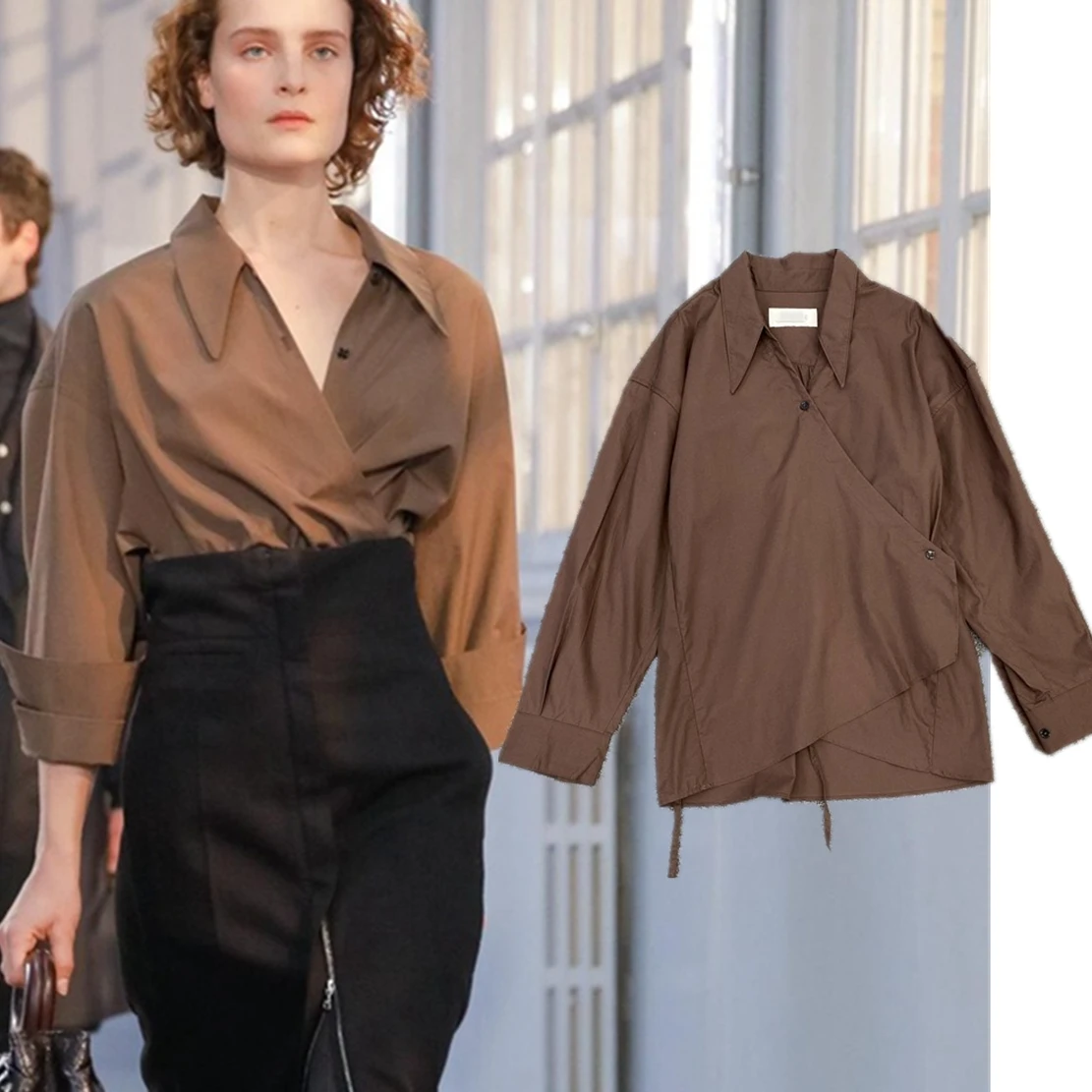 Maxdutti Commuting Loose Casual Collar Long Sleeved Shirt Tops Spring/Summer 2024 Minimalist Retro Wrapped Shirt Women's