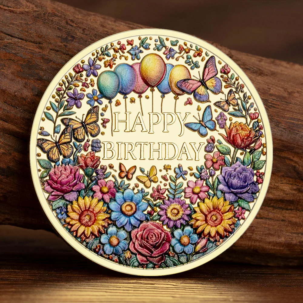 Color Printed Happy Birthday Lucky Coins Gold Plated Embossed Collectible Coin Birthday Gifts Holiday Crafts