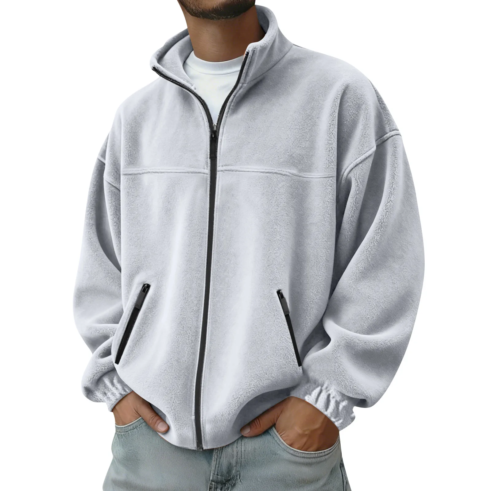 

Fleece-Lined Jacket Men'S Solid Color Outdoor Zip-Up Stand Collar Jacket Casual Sportswear Multi-Color Menswear Fashion